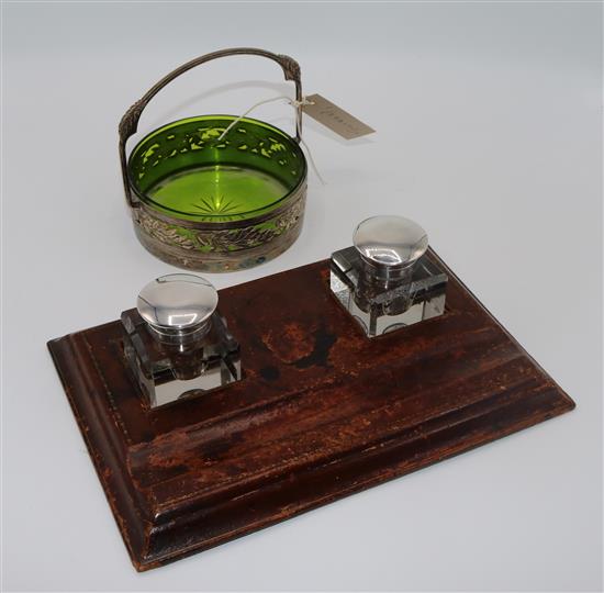 Brown leather 2 bottled ink stand & WMF green glass basket